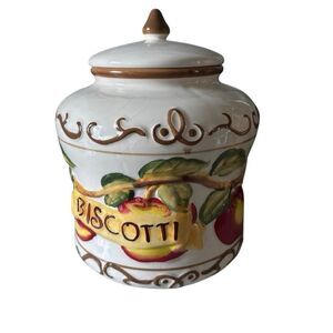 Vintage Handmade For Nonni’s Colorful Apple Design Ceramic Biscotti Jar *Read*